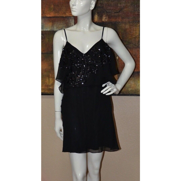 KAREN MILLEN Designer Black Party Cocktail Dress Sequin Frill Top Size 12 - Picture 1 of 9